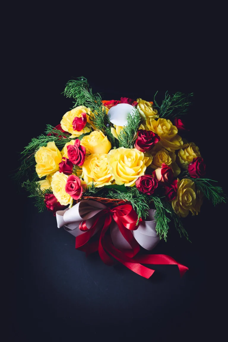red-white-ribbons-twine-bouquet-red-yellow-roses